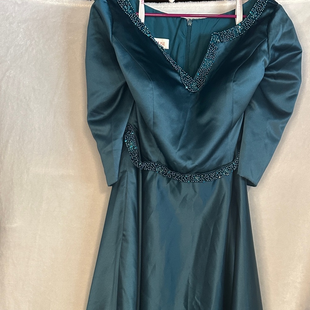 JJs House Teal 3/4  Sleeve Dress with Embellished Neckline